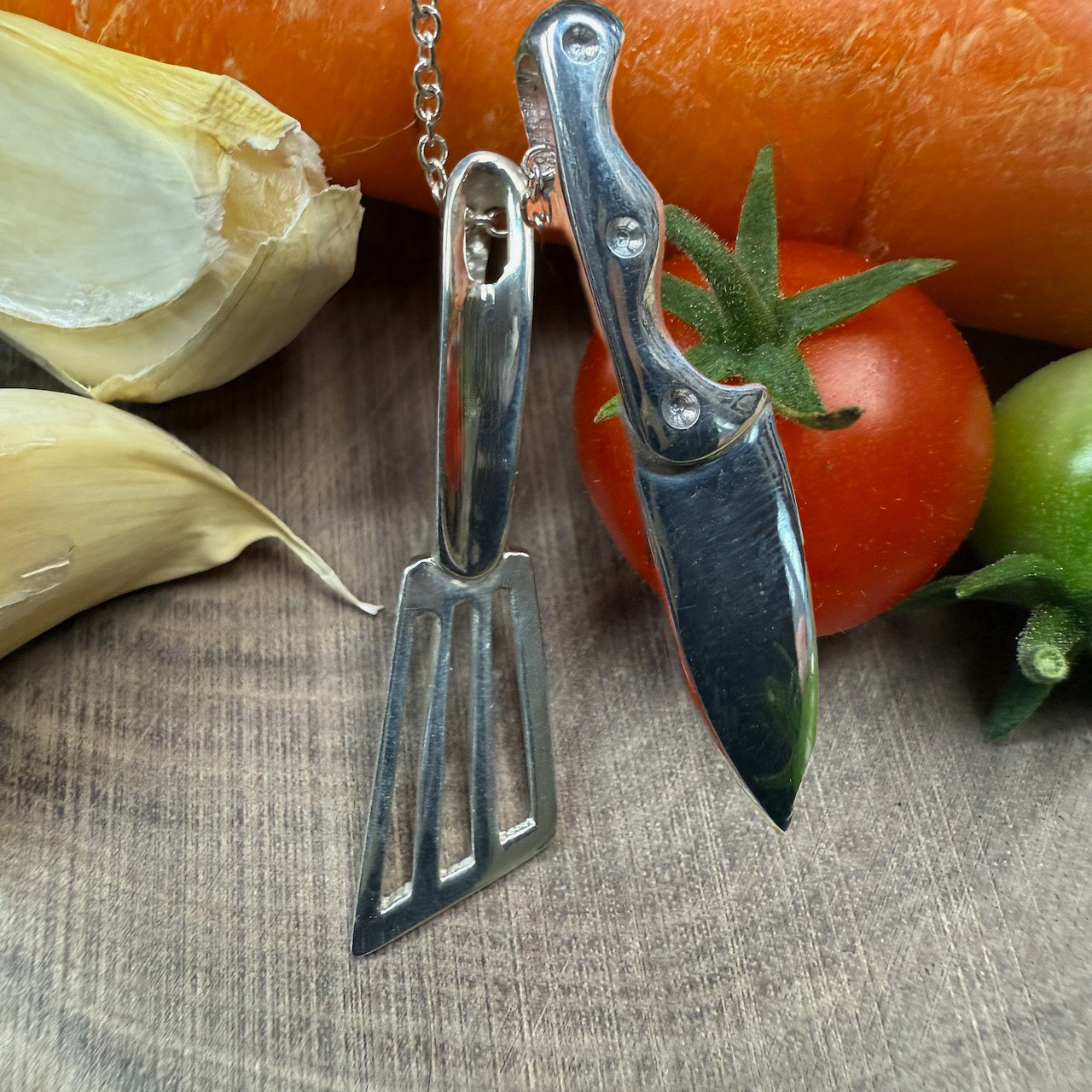 What's Cooking Sterling Silver Spatula and Chef's Knife with Cable Chain