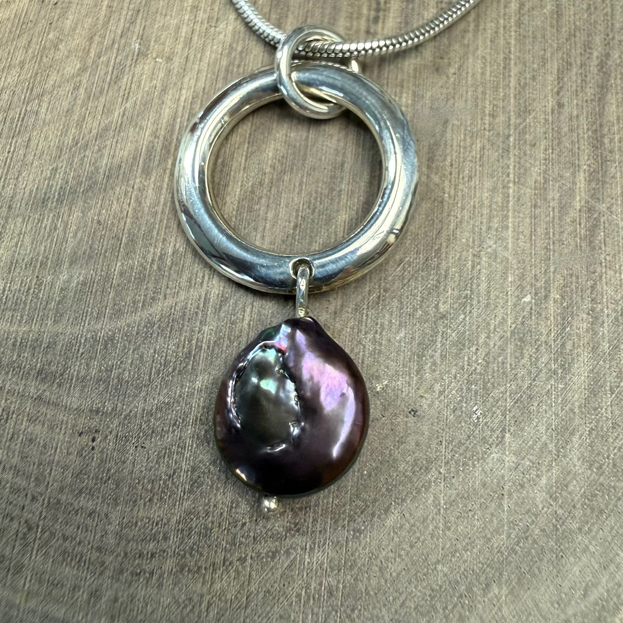 Lunar Orbit Sterling Silver Pendant with Black Freshwater Pearl
