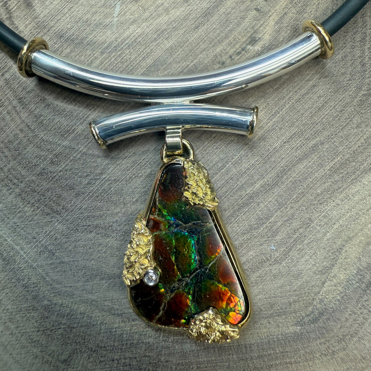 MYTHOS - Ammolite Pear Shaped 18 K Gold and Sterling Pendant