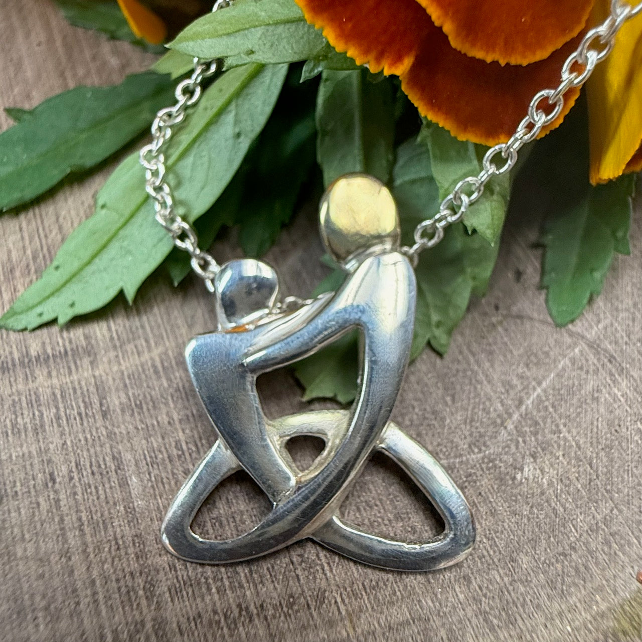 Mother & Child Celtic Knot Pendant — Polished Finish Sterling Silver with Gold Accent