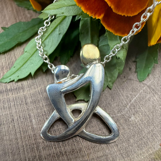 Mother & Child Celtic Knot Pendant — Polished Finish Sterling Silver with Gold Accent