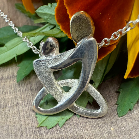 Mother & Child Celtic Knot Pendant — Hammered Finish Sterling Silver with Gold Accent