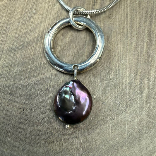 Lunar Orbit Sterling Silver Pendant with Black Freshwater Pearl