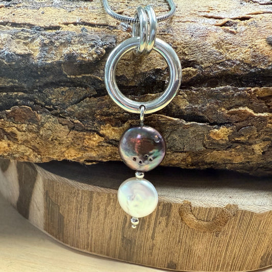Dual Eclipse Sterling Silver Pendant with White and Black Freshwater Pearls