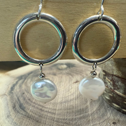 Celestial Loop Sterling SilverEarrings with White Freshwater Pearl
